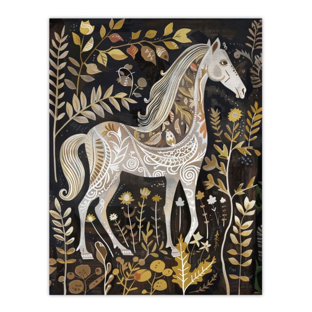 "Artery8 Patterned Horse Woodland Forest Rustic Folk Art Wall Art Print in Dark Grey - Size: W24"" x H32""" - image 1