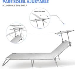 Alivio 5-Level Adjustable Folding Recliner Sun Lounger with Sunshade in Light Grey - thumbnail 7