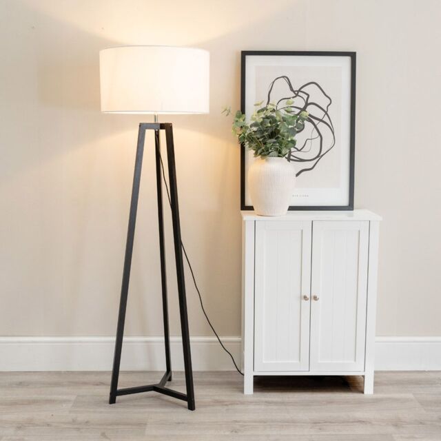 ValueLights Lottie Black Wood Tripod Floor Lamp with Fabric Drum Shade in White - image 1