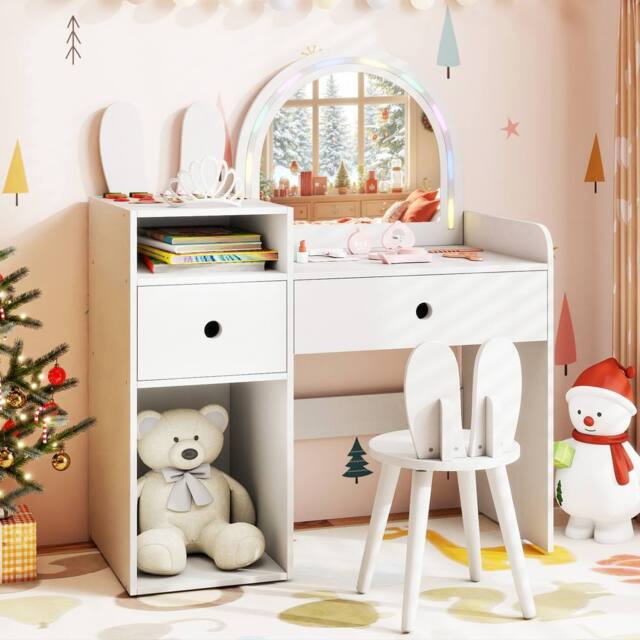 Costway Bunny Kids Vanity Table & Chair Set Wooden Vanity Set in White - image 1