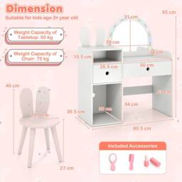 Costway Bunny Kids Vanity Table & Chair Set Wooden Vanity Set in White - thumbnail 2