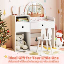 Costway Bunny Kids Vanity Table & Chair Set Wooden Vanity Set in White - thumbnail 5
