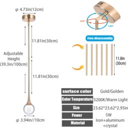 Garwarm Gold Crystal Jellyfish LED Pendant Light with Metal Rod - thumbnail 2