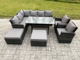 Fimous 10 Seater Outdoor Rattan Garden Furniture Set with Rectangular Dining Table 2 Big Footstool 2 Armchiars Patio Wicker in Dark Grey - thumbnail 2