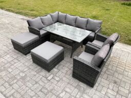 Fimous 10 Seater Outdoor Rattan Garden Furniture Set with Rectangular Dining Table 2 Big Footstool 2 Armchiars Patio Wicker in Dark Grey - thumbnail 1
