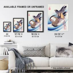 "Artery8 Two Mandarin Ducks in a Lake Vintage Wall Art Print Hiroshige in Blue - Size: W18"" x H24""" - thumbnail 3