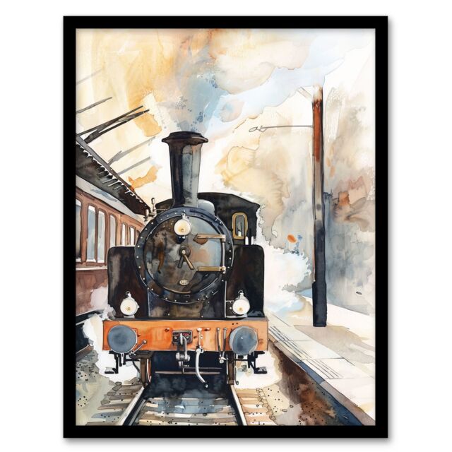 "Artery8 Vintage Travel Steam Train Front View Watercolour Framed Wall Art in Brown - Size: W12"" x H16""" - image 1