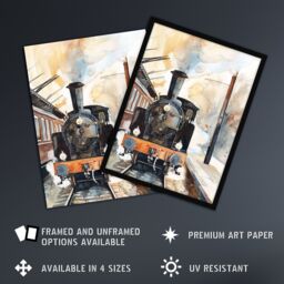 "Artery8 Vintage Travel Steam Train Front View Watercolour Framed Wall Art in Brown - Size: W12"" x H16""" - thumbnail 2