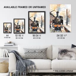 "Artery8 Vintage Travel Steam Train Front View Watercolour Framed Wall Art in Brown - Size: W12"" x H16""" - thumbnail 3