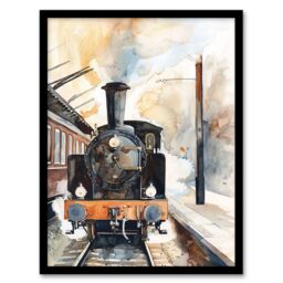 "Artery8 Vintage Travel Steam Train Front View Watercolour Framed Wall Art in Brown - Size: W12"" x H16""" - thumbnail 1