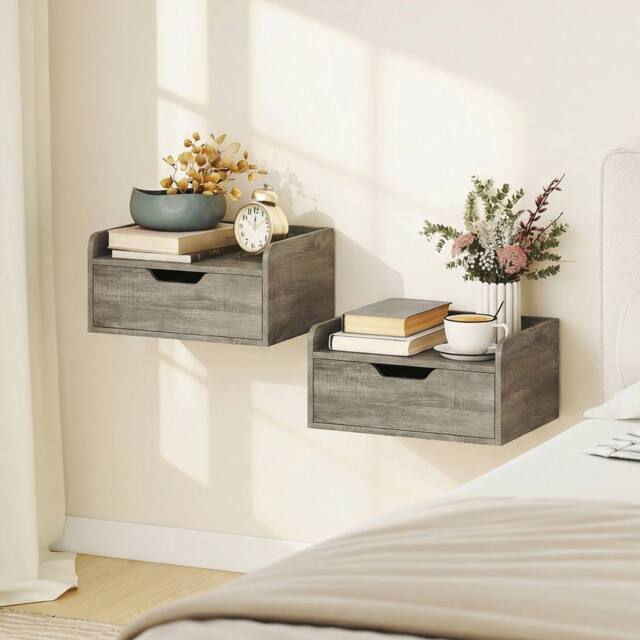 HOMCOM Floating Nightstands Set of 2, Nightstand with Drawer in Grey - image 1