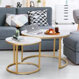 Huhote Round Nesting Coffee End Table Metal Frame Marble Finish 2 Set in Gold - thumbnail 1