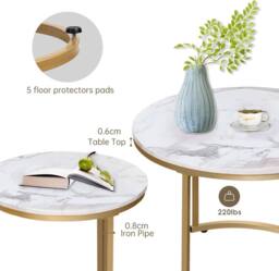 Huhote Round Nesting Coffee End Table Metal Frame Marble Finish 2 Set in Gold - thumbnail 4