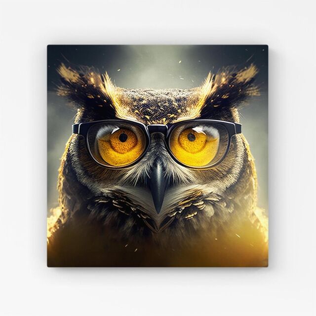 "Warren Reed - Designer Owl With Glasses Splashart Canvas in Yellow - Size: W16"" x H16""" - image 1