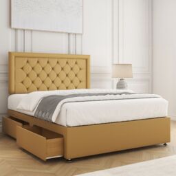 "BSSPOKE Nova Divan Bed Plush 24"" Headboard 2Drawers Same Side & No Mattress in Mustard - Size: Double" - thumbnail 2