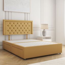 "BSSPOKE Nova Divan Bed Plush 24"" Headboard 2Drawers Same Side & No Mattress in Mustard - Size: Double"