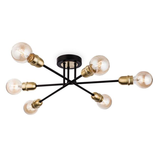 Netlighting Trident 6 Light Multi Arm Semi Flush Light Black with Brushed Brass E27 in Gold
