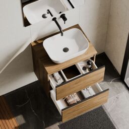 Banyetti Akiro 600mm Wall Hung Vanity Unit with Matching Worktop - Walnut - thumbnail 2