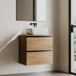 Banyetti Akiro 600mm Wall Hung Vanity Unit with Matching Worktop - Walnut - thumbnail 3