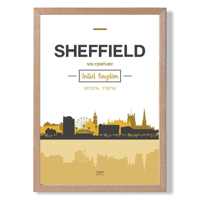 ARTZE Sheffield Yellow & Black City Skyline Framed Print SIZE: A2 with Oak Frame - Size: A4 - image 1