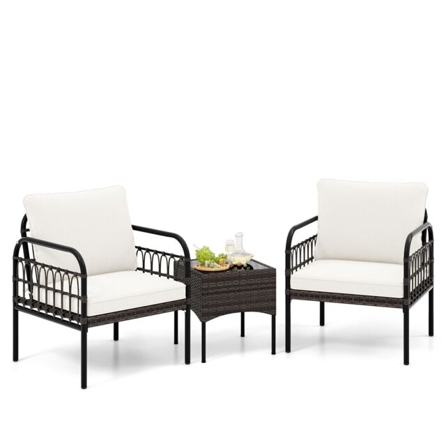 Costway 3 Pieces Rocking Bistro Set Outdoor Wicker Furniture Tempered Glass Coffee Table in White - image 1