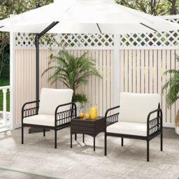 Costway 3 Pieces Rocking Bistro Set Outdoor Wicker Furniture Tempered Glass Coffee Table in White - thumbnail 4
