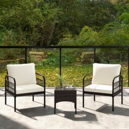 Costway 3 Pieces Rocking Bistro Set Outdoor Wicker Furniture Tempered Glass Coffee Table in White - thumbnail 3