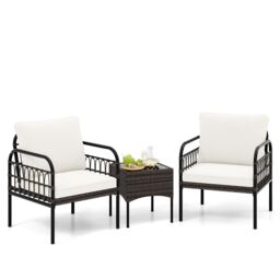 Costway 3 Pieces Rocking Bistro Set Outdoor Wicker Furniture Tempered Glass Coffee Table in White