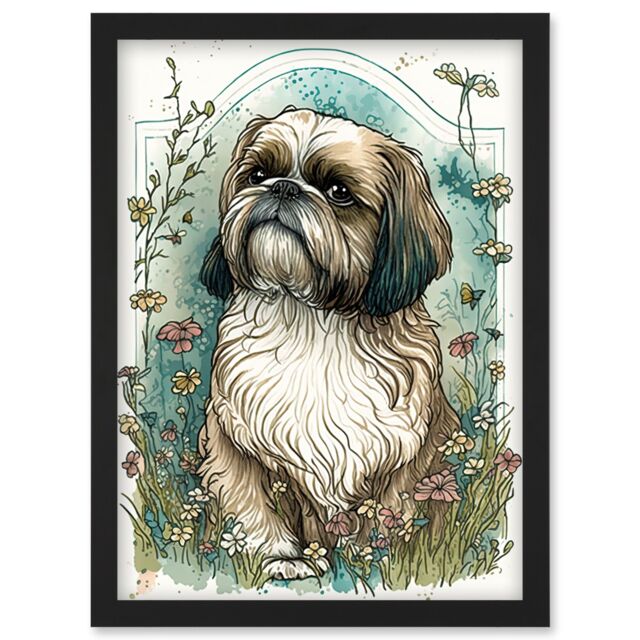 Artery8 Shih Tzu Dog with Wildflowers Modern Art Nouveau Inspired Illustration Artwork Framed Wall Art Print A4 in Black - image 1