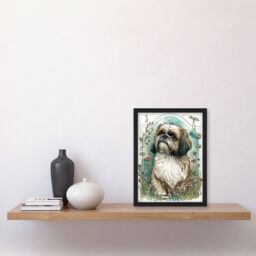 Artery8 Shih Tzu Dog with Wildflowers Modern Art Nouveau Inspired Illustration Artwork Framed Wall Art Print A4 in Black - thumbnail 2