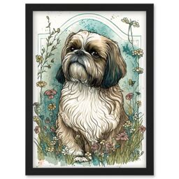 Artery8 Shih Tzu Dog with Wildflowers Modern Art Nouveau Inspired Illustration Artwork Framed Wall Art Print A4 in Black - thumbnail 1