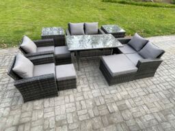 Fimous Garden Furniture Sets 10 Pieces Rattan Furniture Handmade Wicker Patio Sofa Set with 3 Footstools 2 Side Tables in Dark Grey - thumbnail 2