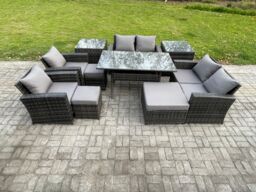 Fimous Garden Furniture Sets 10 Pieces Rattan Furniture Handmade Wicker Patio Sofa Set with 3 Footstools 2 Side Tables in Dark Grey - thumbnail 1