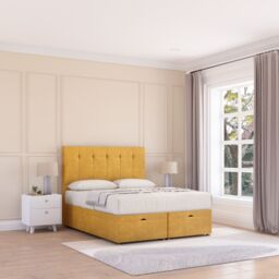 Sloomy Highbury Plush Fabric Ottoman Bed End Opening With Sprung Memory Mattress & 54 Inch Floorstanding Headboard in Gold - Size: Single - thumbnail 3