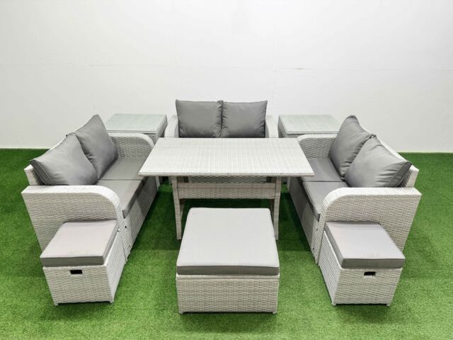 Fimous 9 Seater PE Wicker Rattan Furniture Sofa Sets with Rectangular Dining Table 2 Seater Love Sofa 3 Stool 2 Side Table Light Grey - image 1