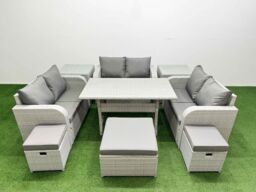 Fimous 9 Seater PE Wicker Rattan Furniture Sofa Sets with Rectangular Dining Table 2 Seater Love Sofa 3 Stool 2 Side Table Light Grey - thumbnail 2