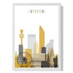 ARTZE Liverpool Yellow & Grey City Skyline Framed Print SIZE: A4 with White Frame - thumbnail 1