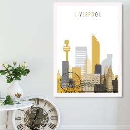 ARTZE Liverpool Yellow & Grey City Skyline Framed Print SIZE: A4 with White Frame - thumbnail 2