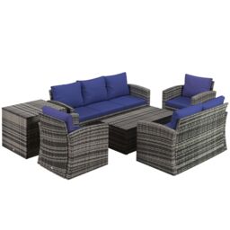 OUTSUNNY 6 PCS Patio Rattan Sofa Set Conversation Furniture Navy Blue - thumbnail 2