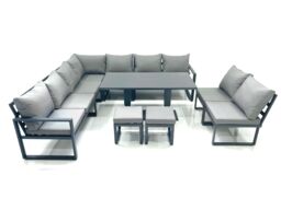 Fimous 11 Seater Outdoor Aluminum Garden Furniture Set Corner Sofa 2 Small Footstools Rising Lifting Dining Table Sets Dark Grey - thumbnail 1
