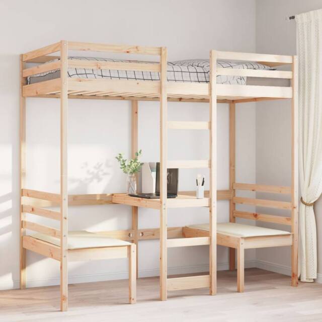 Berkfield Home Loft Bed Frame with Desk & Chairs 80x200cm Solid Wood Pine in Light Tan - Size: 80x200 cm - image 1