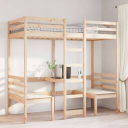 Berkfield Home Loft Bed Frame with Desk & Chairs 80x200cm Solid Wood Pine in Light Tan - Size: 80x200 cm - thumbnail 1