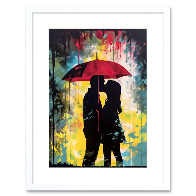 "Artery8 Wall Art Print Couple Silhouette Kissing Under a Red Umbrella Artwork Framed 9X7 Inch in White - Size: W7"" x H9""" - image 1