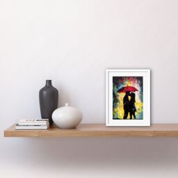 "Artery8 Wall Art Print Couple Silhouette Kissing Under a Red Umbrella Artwork Framed 9X7 Inch in White - Size: W7"" x H9""" - thumbnail 2