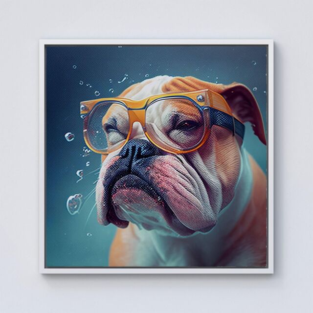 Warren Reed - Designer Bulldog With Glasses Splashart Framed Canvas in Off-White - Size: w40 inch x h40 inch - image 1