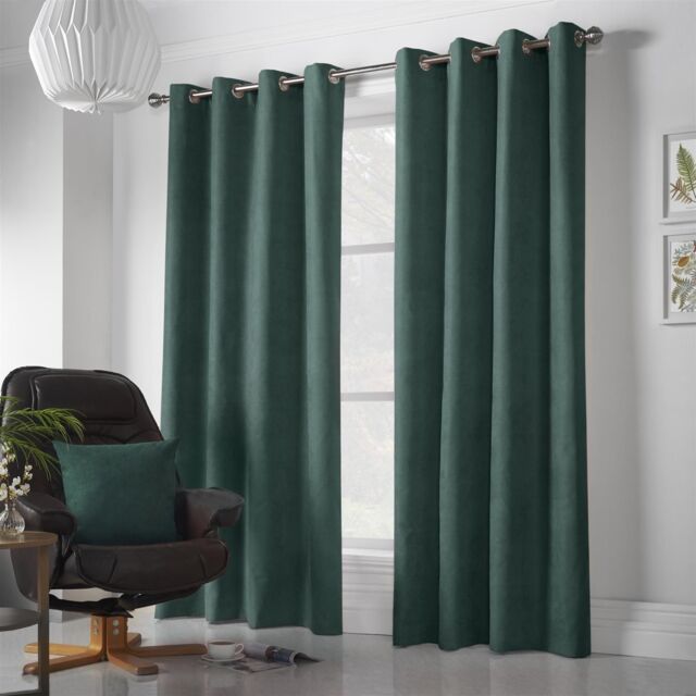 Luxury Living Velvet Chenille Eyelet Curtains Ready Made Pair in Green - Size: 142 cm width x 137 cm drop - image 1