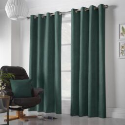 Luxury Living Velvet Chenille Eyelet Curtains Ready Made Pair in Green - Size: 142 cm width x 137 cm drop