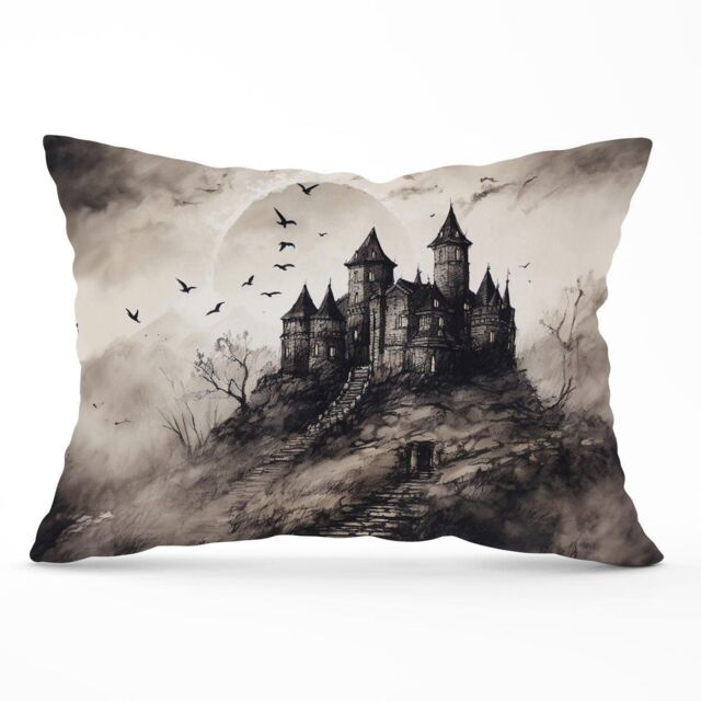 Warren Reed - Designer A Realistic Ink Drawing Of A Haunted Castle Cushions in Grey - Size: 45 cm x 45 cm - image 1