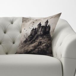 Warren Reed - Designer A Realistic Ink Drawing Of A Haunted Castle Cushions in Grey - Size: 45 cm x 45 cm - thumbnail 3