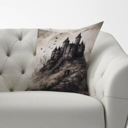 Warren Reed - Designer A Realistic Ink Drawing Of A Haunted Castle Cushions in Grey - Size: 45 cm x 45 cm - thumbnail 2